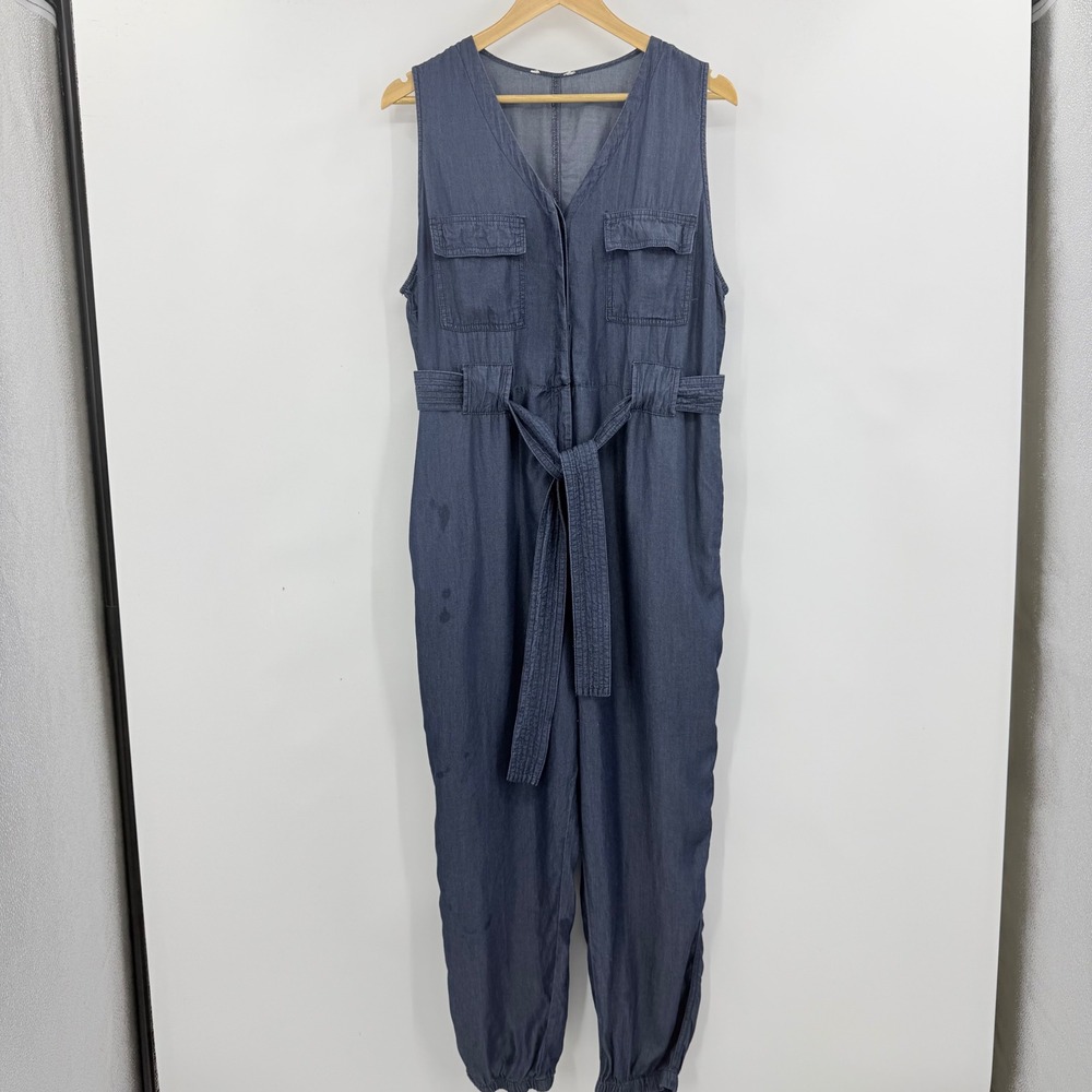 C. Est 1946 Utility Jumpsuit Womens XLP Blue Tencel Sleeveless Jogger Belted
